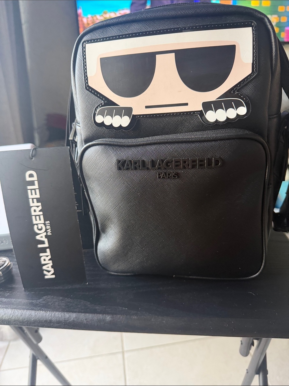 Karl Lagerfeld Black Mini Backpack with Character Patch Face